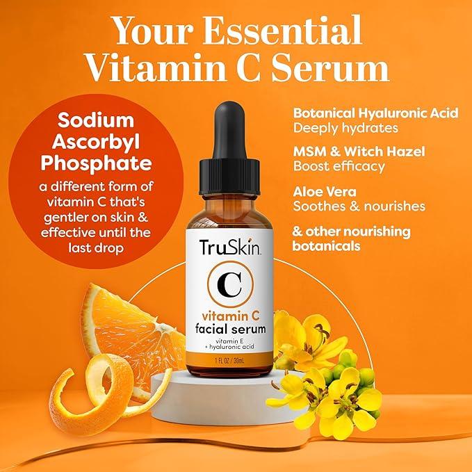 TruSkin Vitamin C Serum – Anti Aging Facial Serum with Vitamin C, Hyaluronic Acid, Vitamin E & More – Brightening Serum for Dark Spots, Even Skin Tone, Eye Area, Fine Lines & Wrinkles, 1 Fl Oz fresh  skin collagen boost nourish skin Skincare Skin Repair