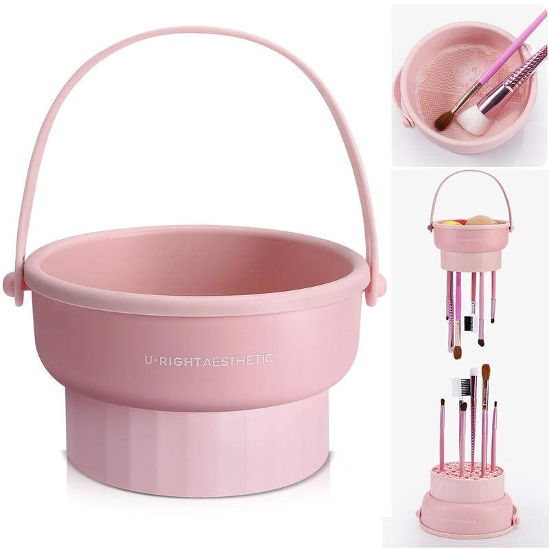 Makeup Brush Cleaner Mat 3 in 1 Silicone Makeup Brush Cleaner Bowl Cosmetic Brushes Cleaning Tool Organizer for Storage and Air Dry (Pink) Cleansing