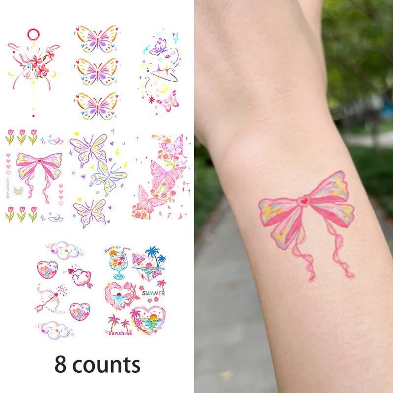 Butterfly & Heart Pattern Temporary Tattoo Sticker, 8 Counts set Long Lasting Waterproof Fake Tattoo Sticker, Body Art Sticker for Women & Men