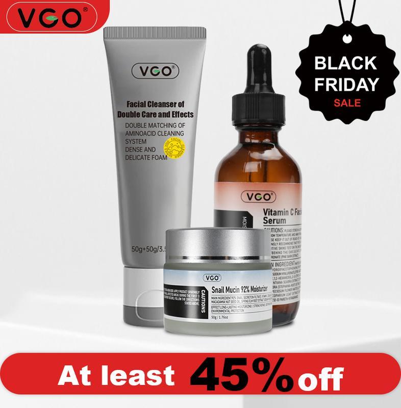 VGO Vitamin C Facial Serum + Snail Mucin 92% Moisturizer + Double Barrel Cleanser