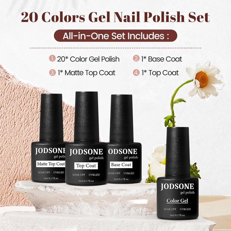 JODSONE 23 PCS Gel Nail Polish Set with Base Glossy and Matte Top Coat Multicolored Gel Nail Long Lasting Suitable for All Seasons Nail Art Nail Care Nail Art Nail Care