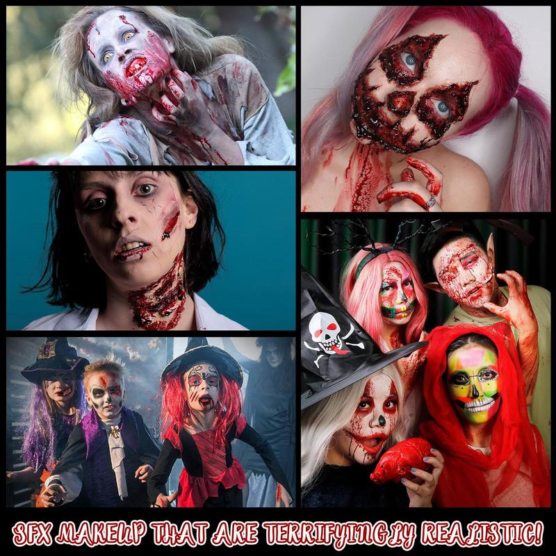 Halloween Liquid Latex Special Effects SFX Makeup Kit - Scar Wax + 2 Btl Liquid Latex + 2 Btl Fake Blood + Spatula Tool + 2Pcs Stipple Sponge + 4Pcs Makeup Sponges + Cotton Swabs