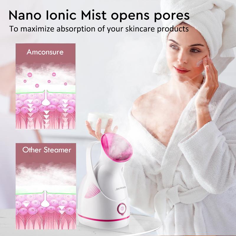 Amconsure Professional Nano Ionic Facial Steamer-For Rejuvenating Skincare Sauna SPA at Home, Deep penetrating Warm Mist Humidifier for Facial Maximum Cleansing Hydrating Soothing Calming Unclogs Pores,Beauty Salon Product With 5 Stainless Steel Skin Kit