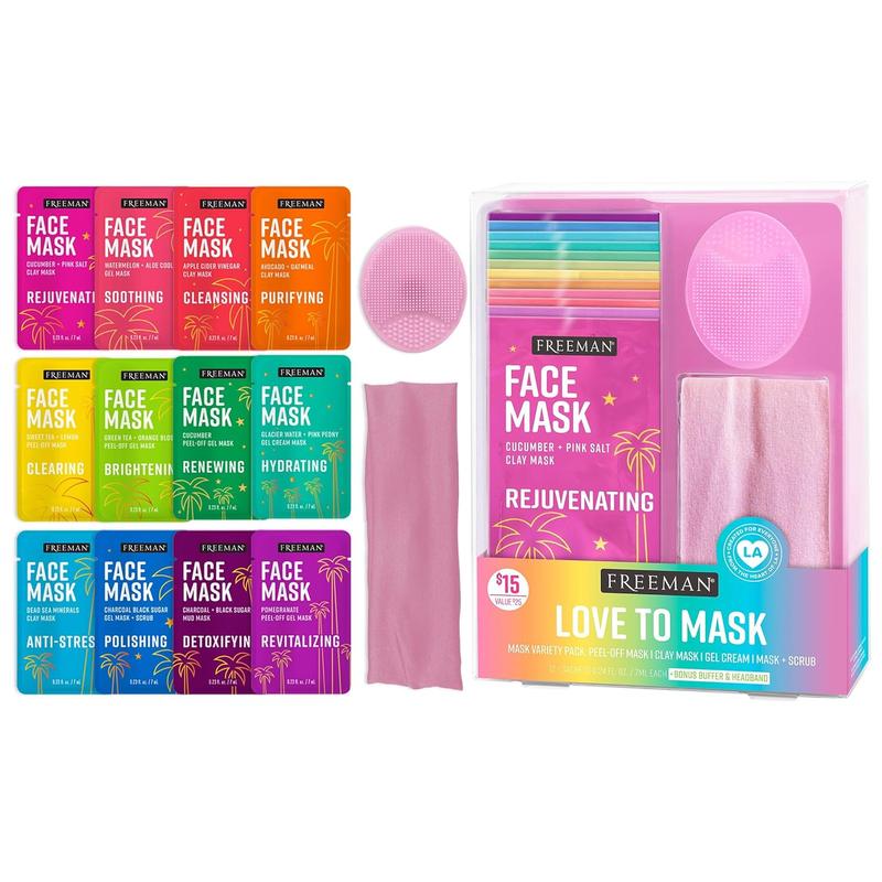 Freeman 14 Piece Love To Mask Variety Pack, Face Masks For All Skin Types, Hydrate, Detoxify, & Clear Skin, Exfoliating Scrub, Bonus Headband & Skin Buffer, Stocking Stuffer, Cruelty-Free & Vegan