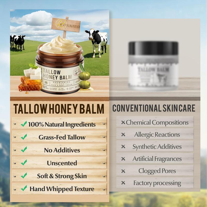 RONKIE Beef Tallow for Skin Care: Grass-Fed Beef Tallow and Raw Honey Balm - Unscented Natural Tallow Moisture for Dry Skin 2oz Comfort Skin Repair