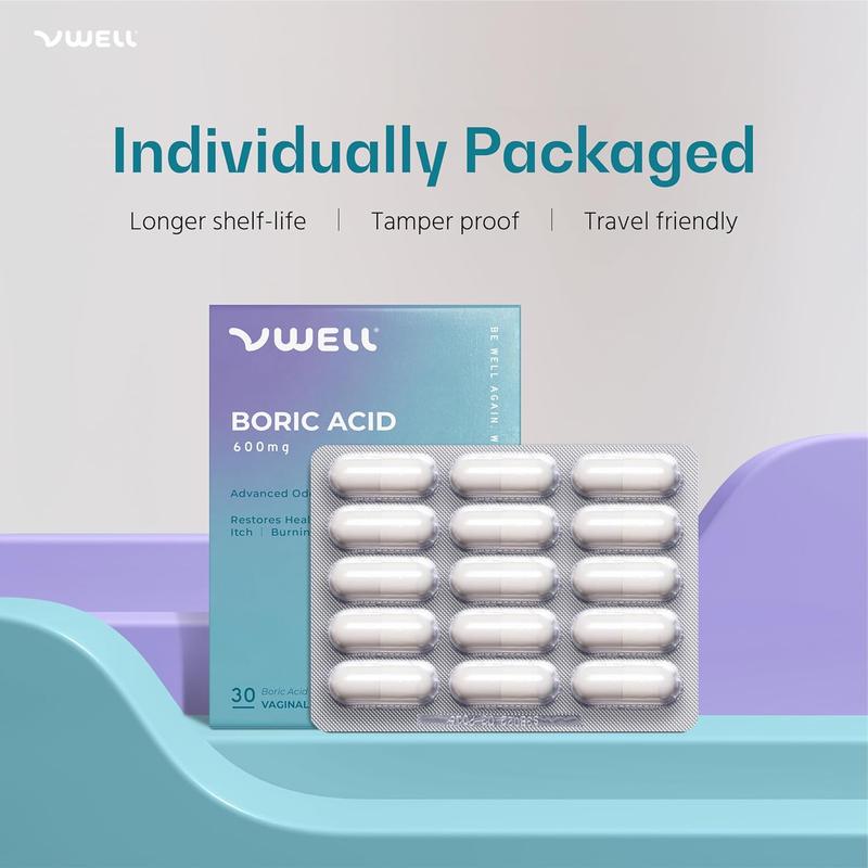 VWELL Boric Acid Vaginal Suppositories 30 Counts Blister Pack - Maintains and Balances Healthy Vaginal pH & Microbiome to Manage Odor Itch Burning Irritation Intimacy - Doctors Recommended for Women