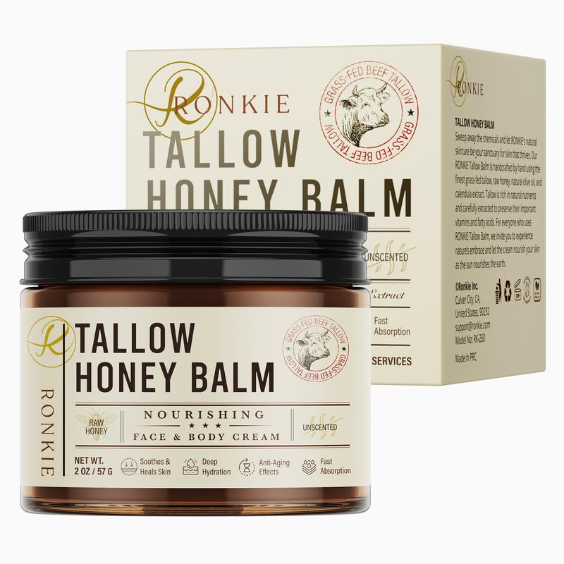 RONKIE Beef Tallow for Skin Care: Grass-Fed Beef Tallow and Raw Honey Balm - Unscented Natural Tallow Moisture for Dry Skin 2oz Comfort Skin Repair