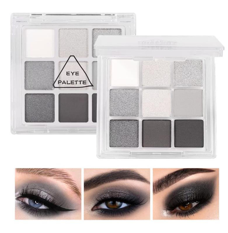 Black Smokey Gray Silver Glitter Shimmer Eye Makeup Palette, 9 Col.ors Cool Toned Matte,  Profesional Sombras De Ojos (A). Waterproof Cream