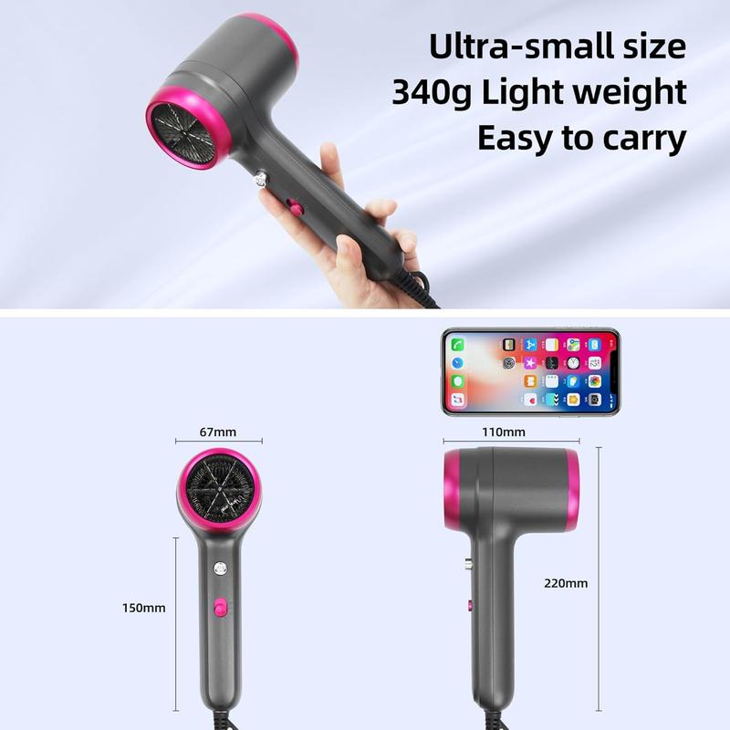 Hair Dryer with Diffuser 200 Million Ionic Blow Dryer 1800W Portable Hairdryer Fast Drying for Woman 4C Thick Curly Hair with No Damage Contain 2 Nozzles and 1Wall Mounted Holder for Home Salon Travel