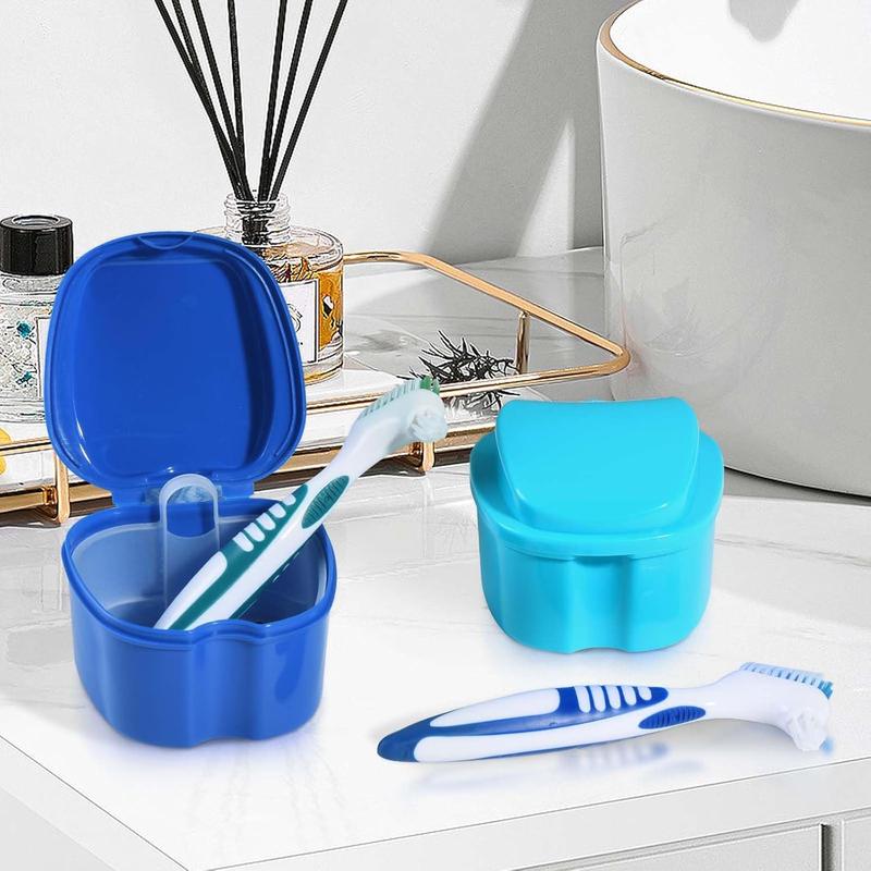 2 Pack Denture Bath Case Cup Box Holder Storage Container with Denture Cleaner Brush Strainer Basket for Travel Cleaning (Light Blue and Blue)