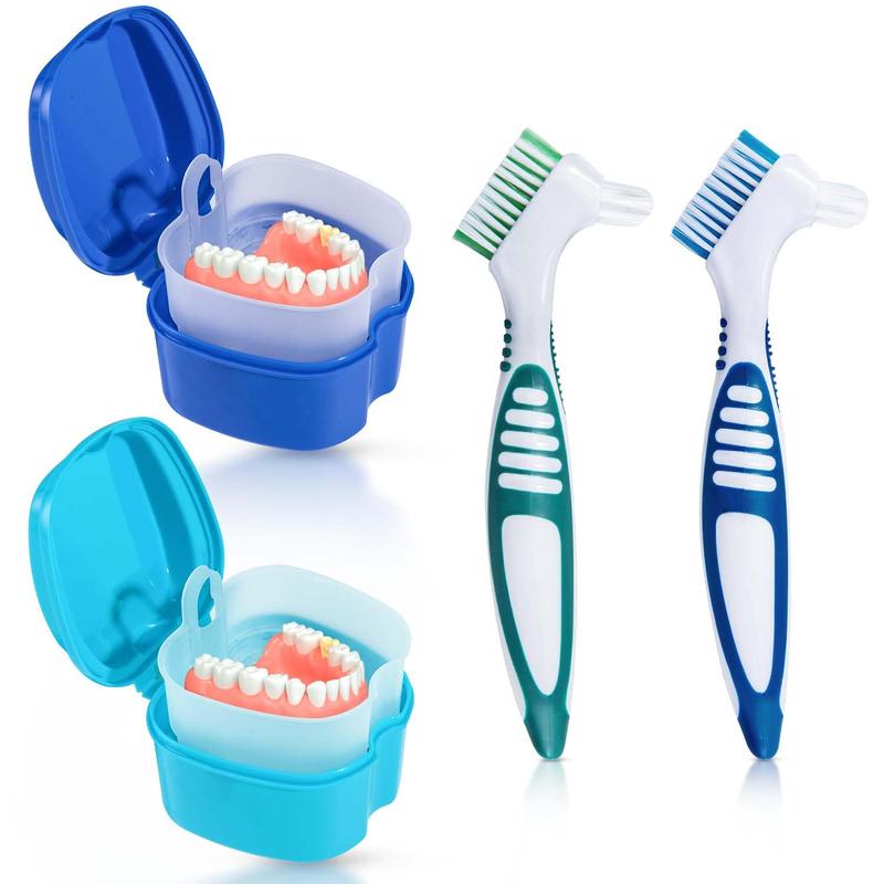 2 Pack Denture Bath Case Cup Box Holder Storage Container with Denture Cleaner Brush Strainer Basket for Travel Cleaning (Light Blue and Blue)