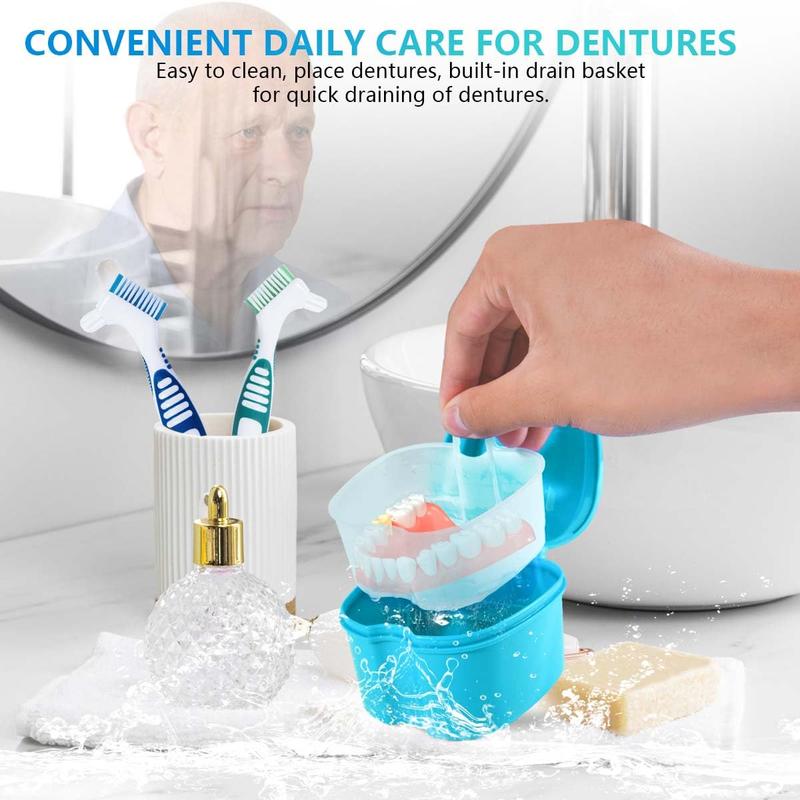 2 Pack Denture Bath Case Cup Box Holder Storage Container with Denture Cleaner Brush Strainer Basket for Travel Cleaning (Light Blue and Blue)