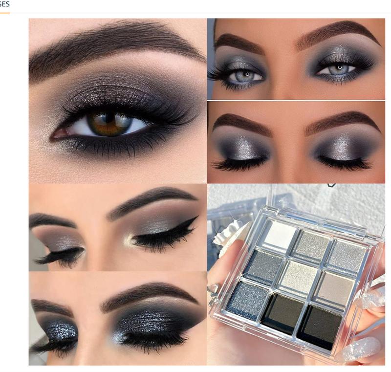 Black Smokey Gray Silver Glitter Shimmer Eye Makeup Palette, 9 Col.ors Cool Toned Matte,  Profesional Sombras De Ojos (A). Waterproof Cream