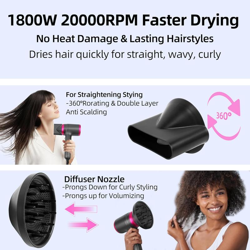 Hair Dryer with Diffuser 200 Million Ionic Blow Dryer 1800W Portable Hairdryer Fast Drying for Woman 4C Thick Curly Hair with No Damage Contain 2 Nozzles and 1Wall Mounted Holder for Home Salon Travel