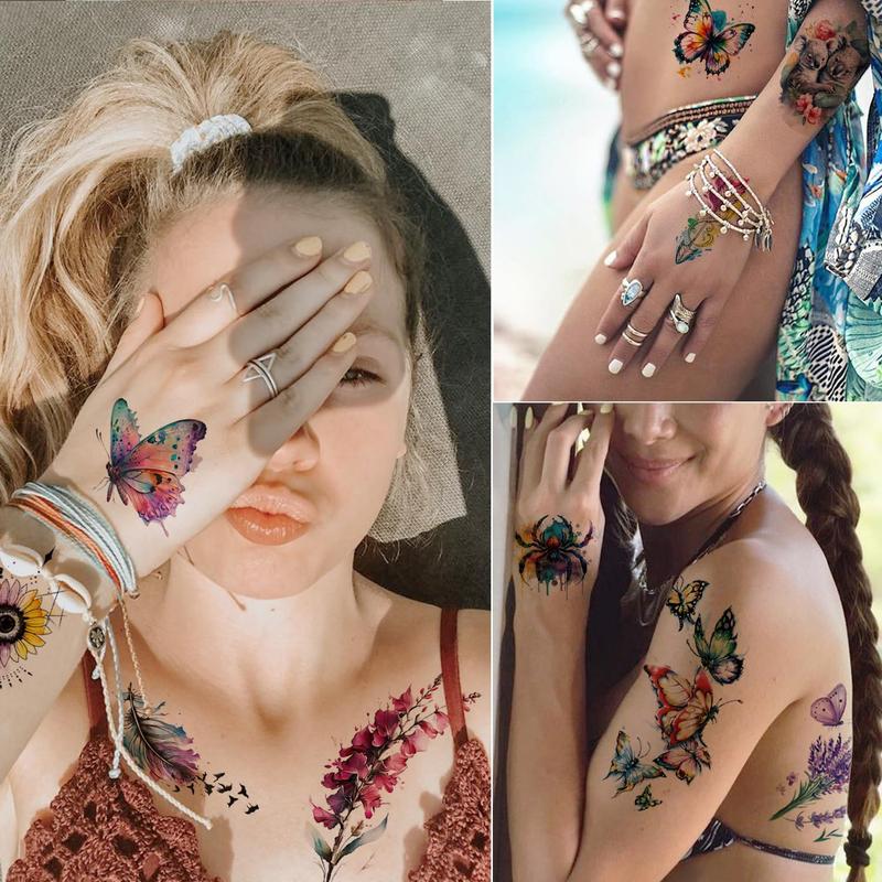 9 Sheets Large 3D Watercolor Temporary Tattoos For Women Girls-Colorful Flower Hummingbird Butterfly Realistic Long Lasting Fake Tattoo Stickers Waterproof Tattoos For Women Adult Body Art