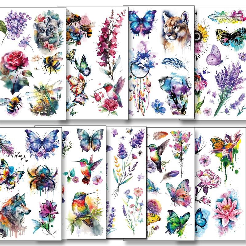 9 Sheets Large 3D Watercolor Temporary Tattoos For Women Girls-Colorful Flower Hummingbird Butterfly Realistic Long Lasting Fake Tattoo Stickers Waterproof Tattoos For Women Adult Body Art