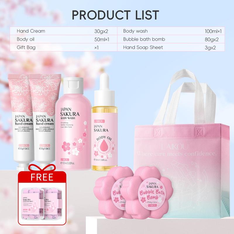 Sakura Body Care Set (9 Counts set), Body Wash & Body Serum Oil & Bath Salt & Hand Cream & Bag & Soap Tablet & Gift Bag, Body Care Product for Women