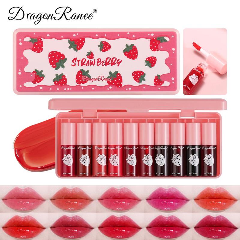 Strawberry Lip Gloss Set, 10pcs box Long Lasting Moisturizing Lip Gloss, Glossy Lip Glaze, Plumping Lip Oil Lip Stick for Girls & Women, Christmas Gift