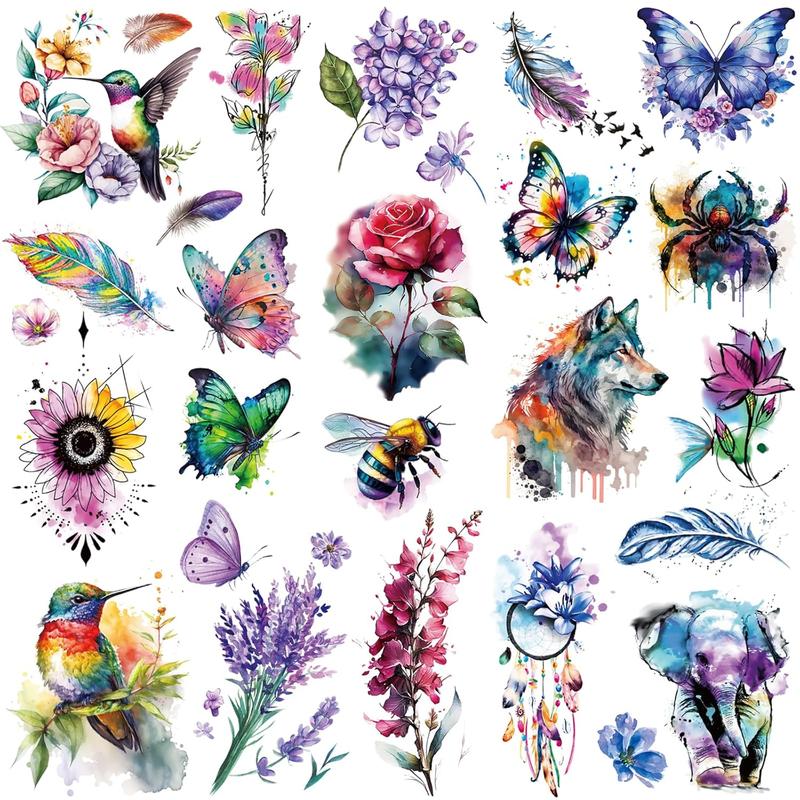 9 Sheets Large 3D Watercolor Temporary Tattoos For Women Girls-Colorful Flower Hummingbird Butterfly Realistic Long Lasting Fake Tattoo Stickers Waterproof Tattoos For Women Adult Body Art