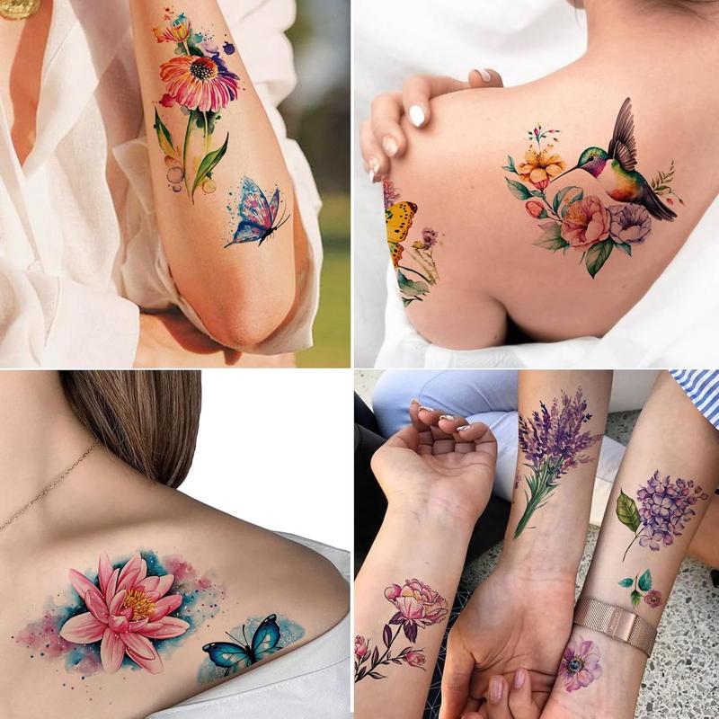 9 Sheets Large 3D Watercolor Temporary Tattoos For Women Girls-Colorful Flower Hummingbird Butterfly Realistic Long Lasting Fake Tattoo Stickers Waterproof Tattoos For Women Adult Body Art