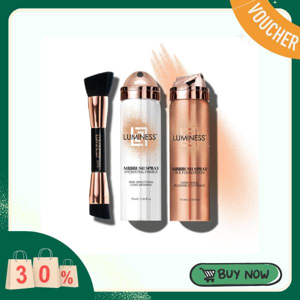 LUMINESS Airbrush Spray Silk Foundation Starter Kit - Fair - Foundation, Primer & Dual-Sided Angled Buffing Brush - Medium, Buildable Coverage, Anti-Aging Formula Hydrates & Moisturizes