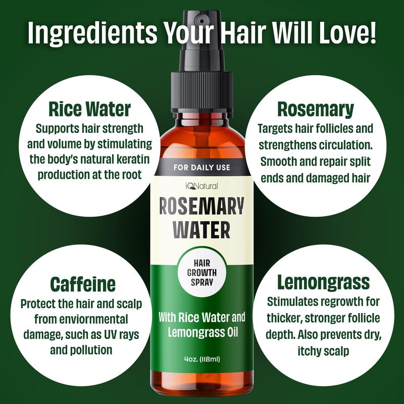 IQ Natural Rosemary Water Spray for Hair, Hydrating Hair Mist - 4oz Haircare Organic Blend Oil Rice Comfort