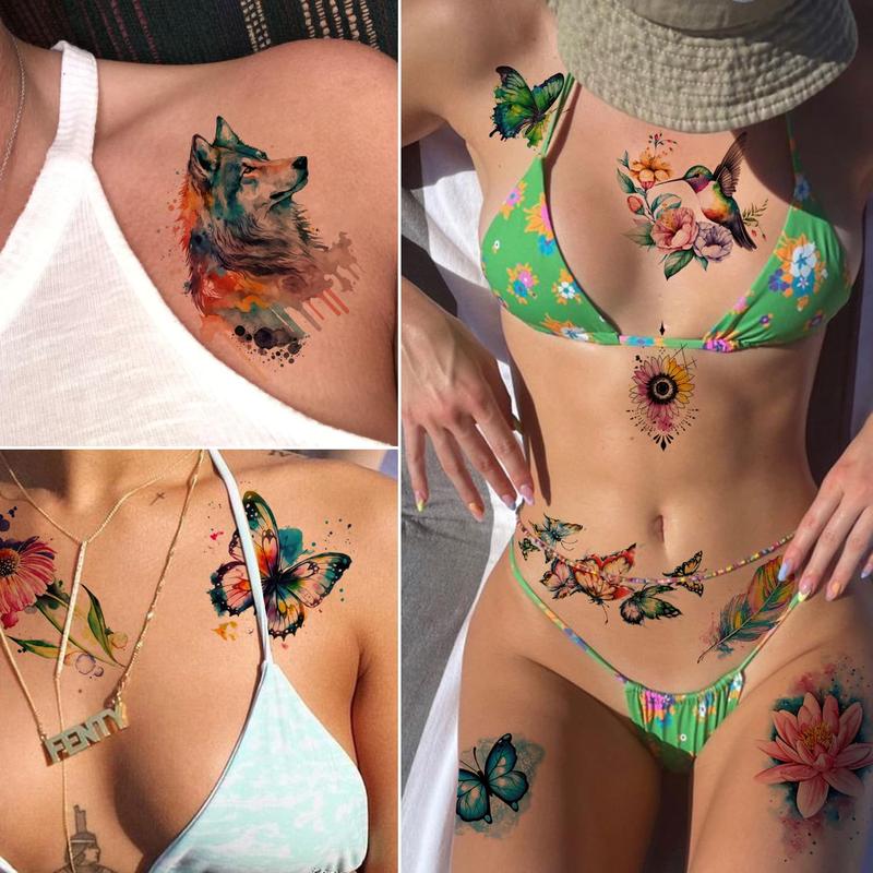 9 Sheets Large 3D Watercolor Temporary Tattoos For Women Girls-Colorful Flower Hummingbird Butterfly Realistic Long Lasting Fake Tattoo Stickers Waterproof Tattoos For Women Adult Body Art