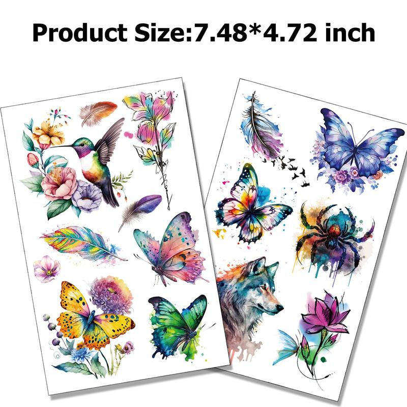 9 Sheets Large 3D Watercolor Temporary Tattoos For Women Girls-Colorful Flower Hummingbird Butterfly Realistic Long Lasting Fake Tattoo Stickers Waterproof Tattoos For Women Adult Body Art