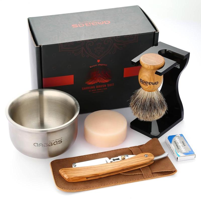 Shaving Set with Badger Brush,Stand and Bowl,Shaving Soap,Straight Razor with Bag,10pcs ,Shaving Kit for Men