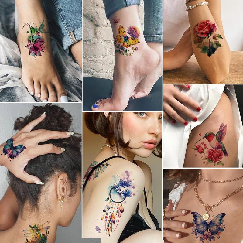 9 Sheets Large 3D Watercolor Temporary Tattoos For Women Girls-Colorful Flower Hummingbird Butterfly Realistic Long Lasting Fake Tattoo Stickers Waterproof Tattoos For Women Adult Body Art