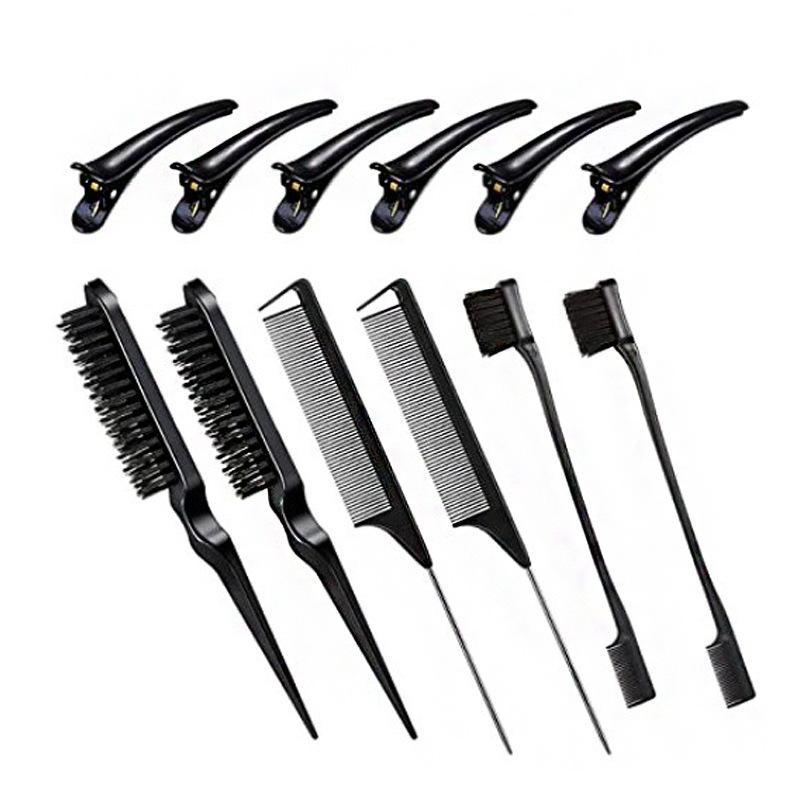 12pcs set Hair Styling Tool Set, Teasing Hair Comb, Pointed Tail Hair Comb, Eyebrow Brush, Hairline Brush, Hair Clip, Hair Comb, Hair Styling Tool, Hair Grooming Kit, Summer Essentials