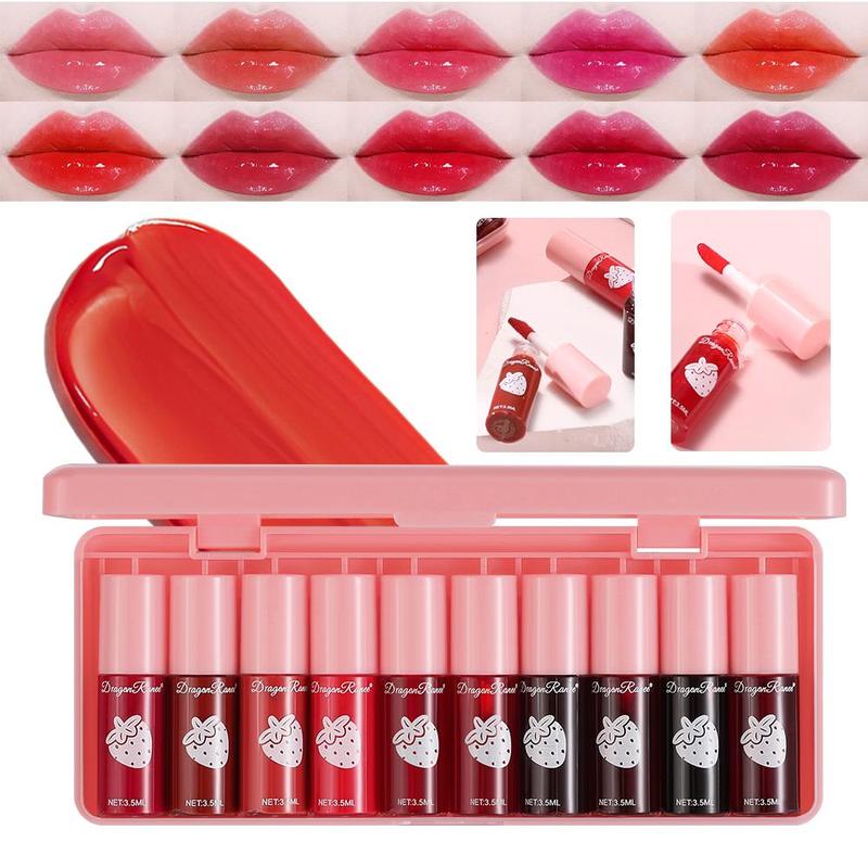 Strawberry Lip Gloss Set, 10pcs box Long Lasting Moisturizing Lip Gloss, Glossy Lip Glaze, Plumping Lip Oil Lip Stick for Girls & Women, Christmas Gift