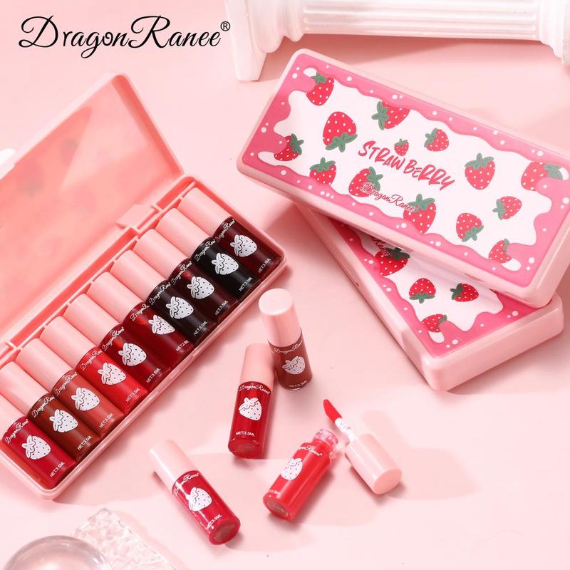 Strawberry Lip Gloss Set, 10pcs box Long Lasting Moisturizing Lip Gloss, Glossy Lip Glaze, Plumping Lip Oil Lip Stick for Girls & Women, Christmas Gift