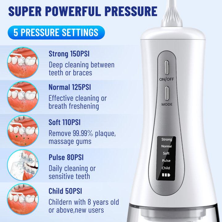 Water Flosser- 5 Modes Oral Irrigator With LED Display, 5 Jets Rechargeable, 350ML Braces Flossers Cleaner, Rechargeable Portable IPX7 Waterproof Powerful Battery for Travel Home