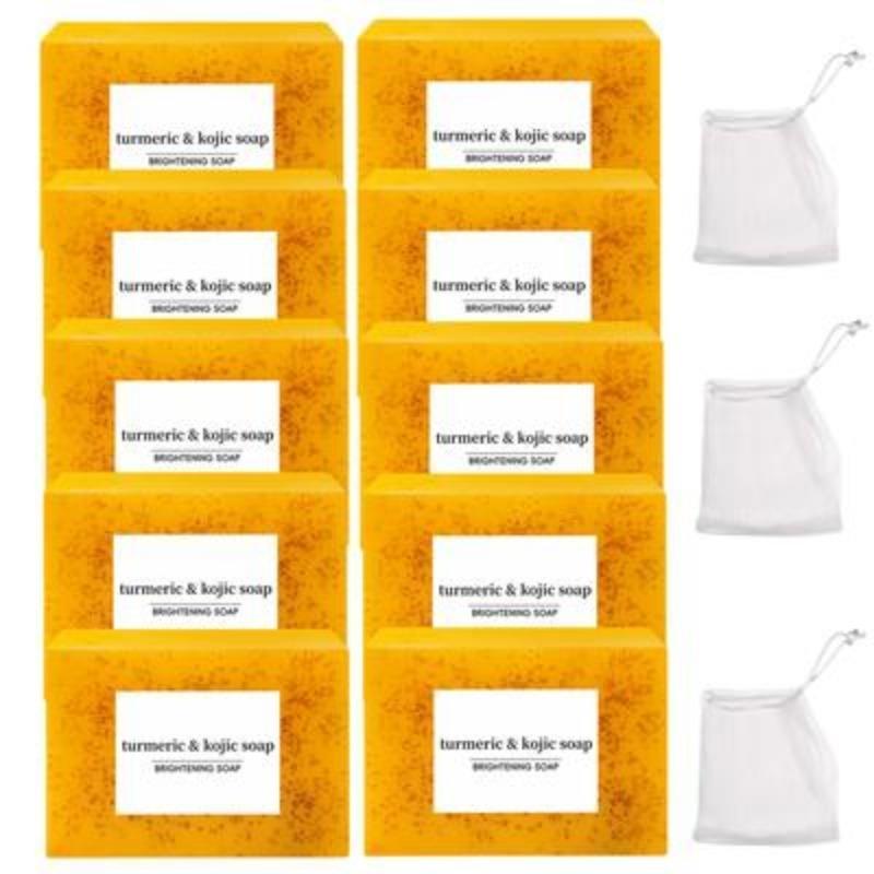 Turmeric Soap, 10pcs set Lemon Soap Bar with 3 Foaming Net, Moisturizing Soap Bar for Body Wash & Face Wash, Body Wash & Care Product