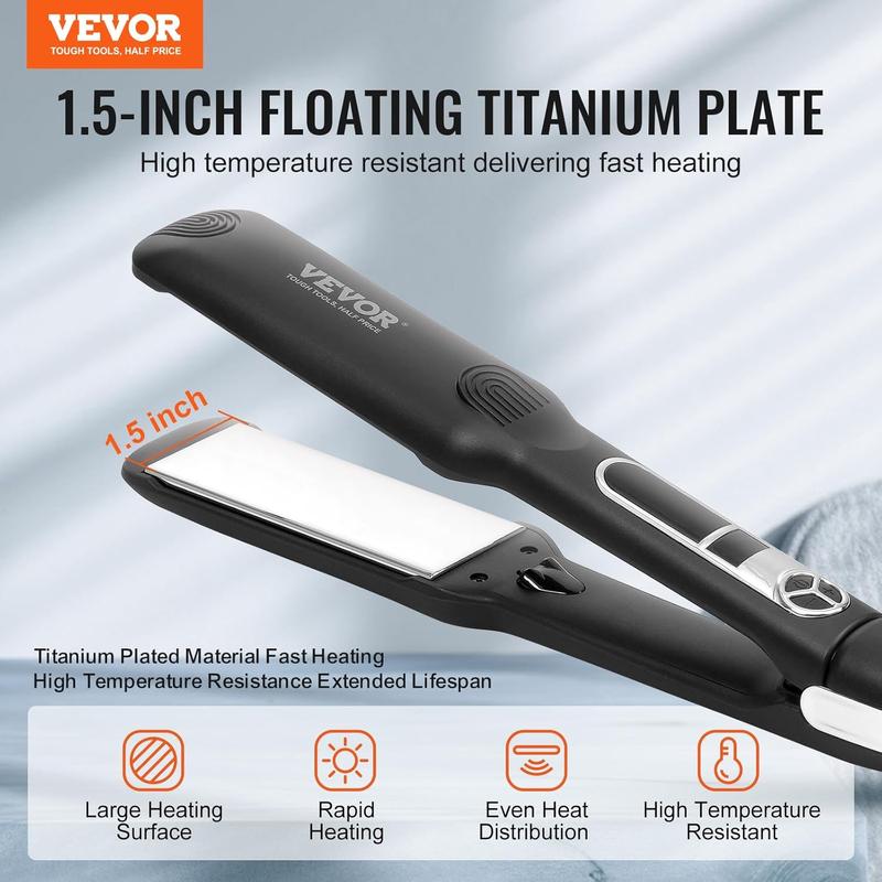 Vevor hair straightener, 1.5-inch titanium flat iron, negative ions Hair Straightener Flat Iron with LCD display and 25 temp levels-210 °f to 450 °f, dual VoLTE 110V 240V for salon home Travel use