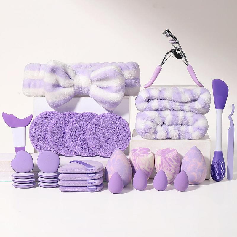 Makeup Set, 31pcs set Cosmetic Sponges & Puff & Sponge & Headband & Cleansing Puff & Eyelash Curler & Mask Brush & Eyebrow Template & Tweezers & Wrist Strap