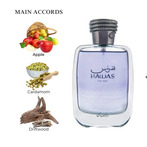 Rasasi Hawas for Him Eau De Parfum Spray 3.4 Oz for Men - Woody Fragrance with Cinnamon, Bergamot, and Pineapple Notes