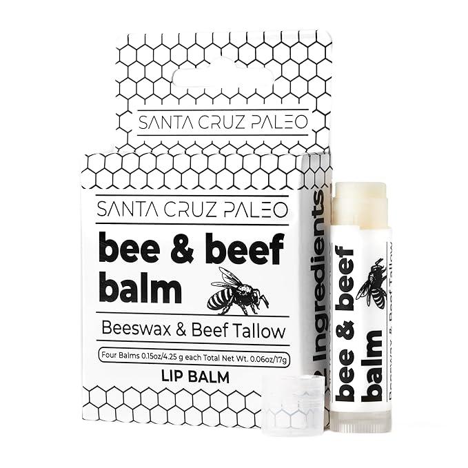 Santa Cruz Paleo Beef Tallow Beeswax Lip Balm Hydrating Moisturizer, Natural Grass Fed Lip Care Tallow Balm Soothes Chapped, Dry Lips, Hypoallergenic for Sensitive Skin, Long Lasting & Vitamin Rich