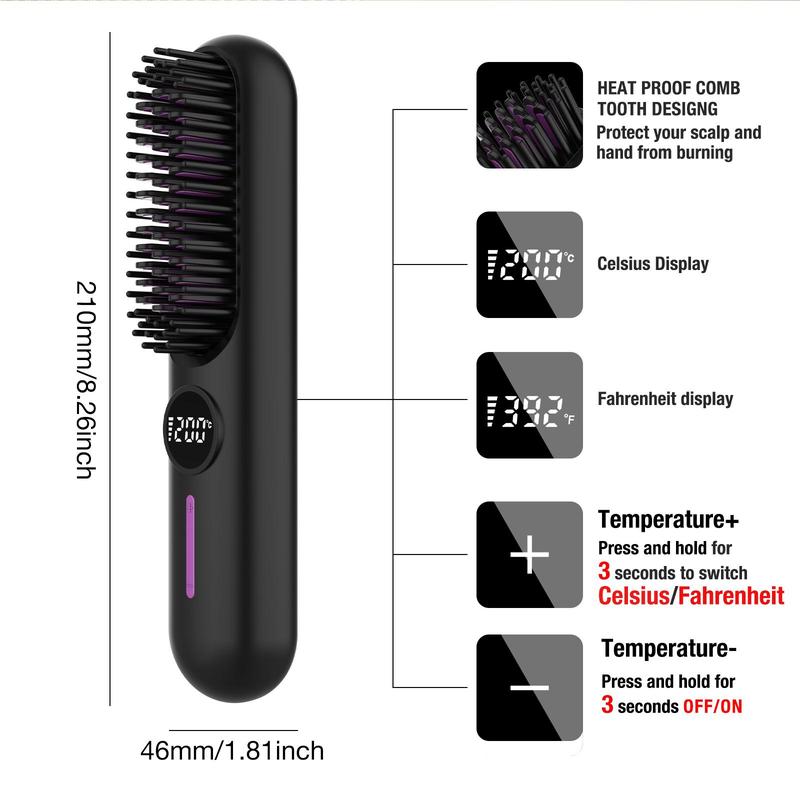 Portable Cordless Straightener, 1 Count 7-speed Temperature Adjustment Hair Straightening Comb, Straightener Brush, LED Screen Display Hair Styling Tool for Home & Travel, Christmas Gift