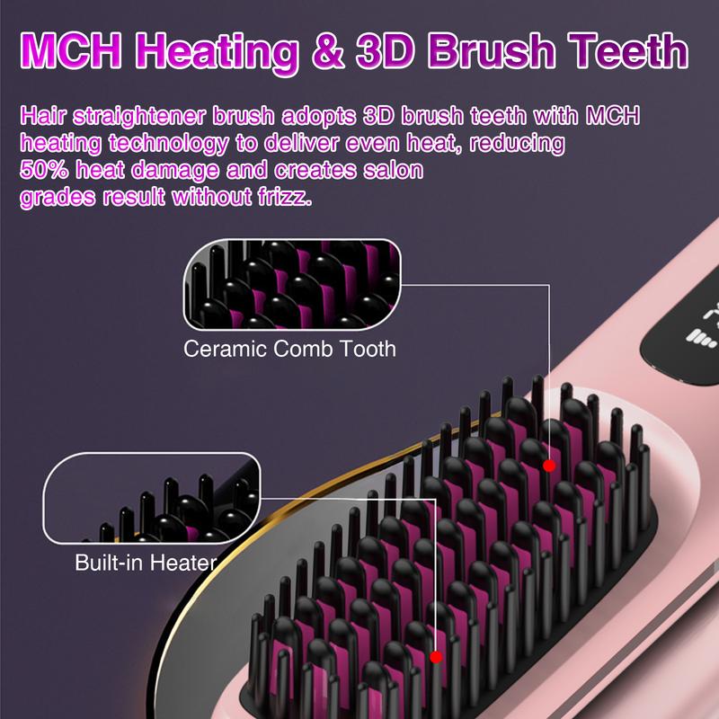 S7 Cordless Hair Straightener Brush, Portable Negative Ion Hot Comb  Long Battery Life with USB Rechargeable Feature Fast Heating 3 Temp Settings Anti-Scald, 20Mins Auto-Off, for Travel