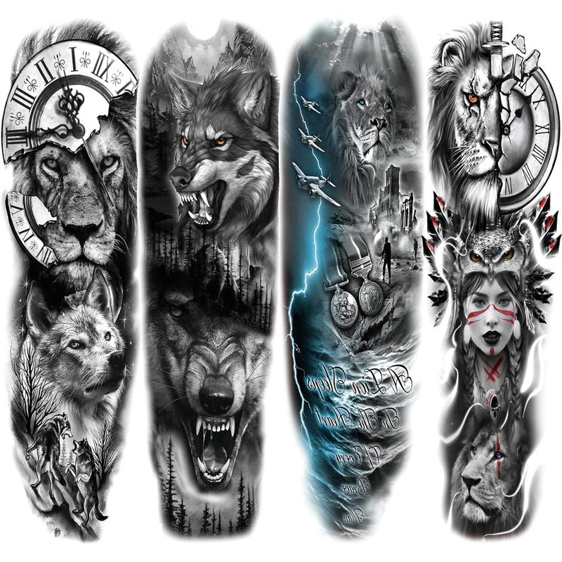 Lion Wolf Temporary Tattoo Sleeve, Large Full Arm Animal Tribal Fake Tattoos Sleeve For Men Women Adult, Long Lasting Black Arm Temp Tatoo Sticker Leg Body Art Makeup, 4-Sheet