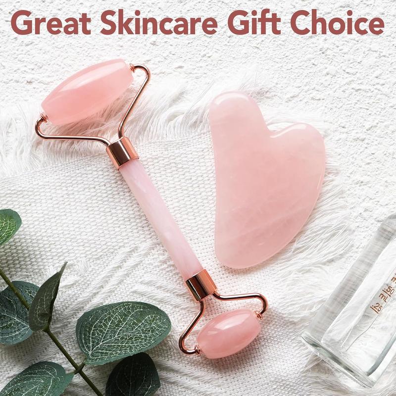 Face Massager Rose Quartz Face Roller & Gua Sha Facial Tool Set, Muscle Tension Relief, Skin Care Gift for Men Woman, Christmas Gifts