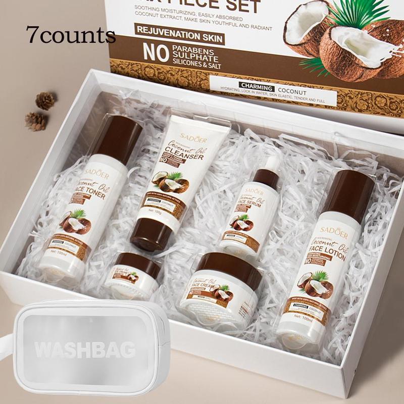 Coconut Oil Skin Care Kit, 7 Counts set Facial Cleanser & Toner & Lotion & Serum & Cream, etc, Moisturizing Skin Care Kit for Women