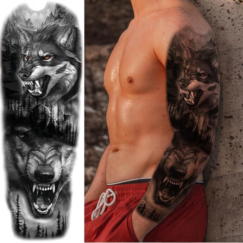 Lion Wolf Temporary Tattoo Sleeve, Large Full Arm Animal Tribal Fake Tattoos Sleeve For Men Women Adult, Long Lasting Black Arm Temp Tatoo Sticker Leg Body Art Makeup, 4-Sheet