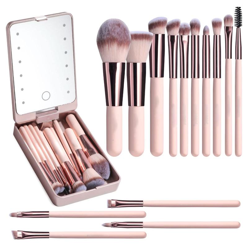 Travel Makeup Brush Set Foundation Powder Concealers Eye Shadows Makeup Set with LED light Mirror 14 Pcs (APINK)