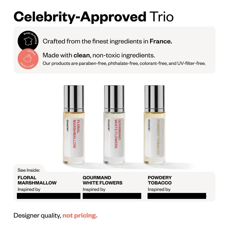 Celebrity-Approved Trio, Dossier, Eau de Parfum, 3x11ml, Floral Marshmallow, Gourmand White Flowers, Powdery Tobaco