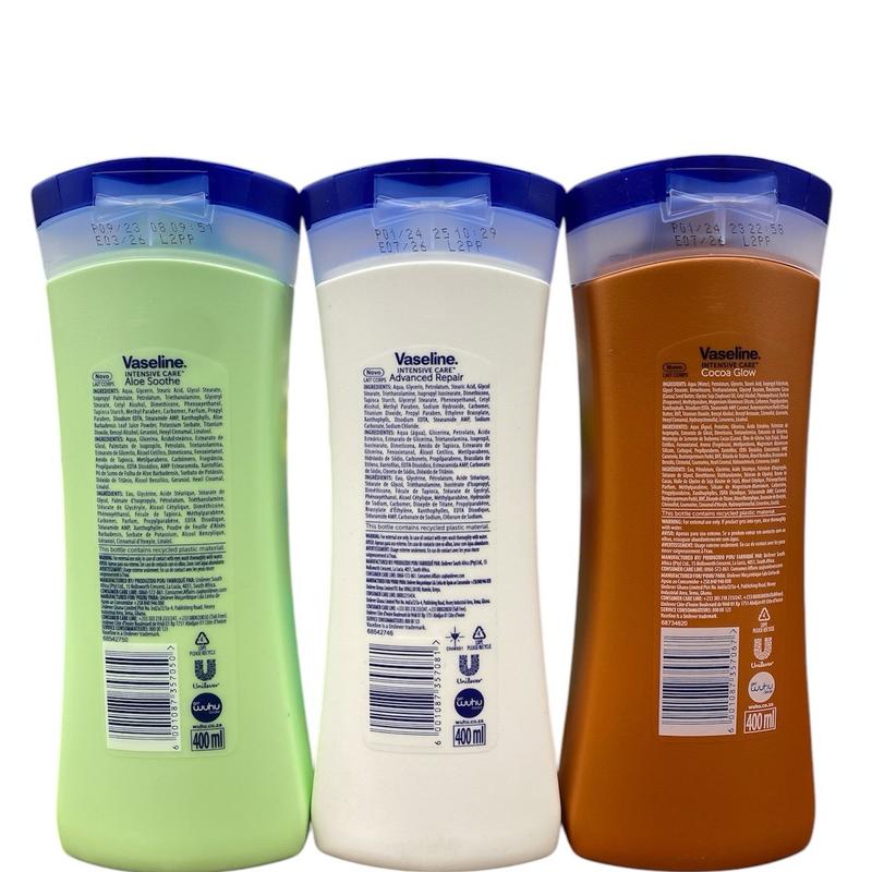 Vaseline Intensive Care Bundle of 3 Body Lotion Aloe Soothe - Advanced Repair - Cocoa Glow 400mL Each