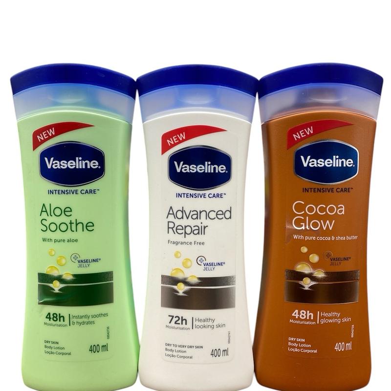 Vaseline Intensive Care Bundle of 3 Body Lotion Aloe Soothe - Advanced Repair - Cocoa Glow 400mL Each