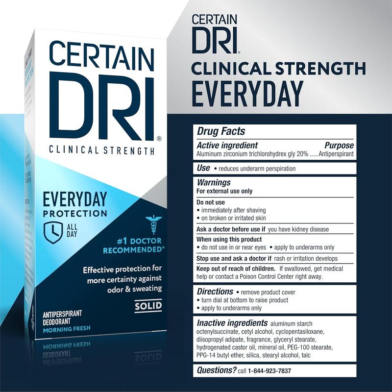 Certain Dri Everyday Strength Clinical Solid Antiperspirant, Hyperhidrosis Treatment for Men & Women, Long-Lasting 72hr Protection, Effective Sweat Control, Travel Friendly, Fresh Scent, 2.6oz